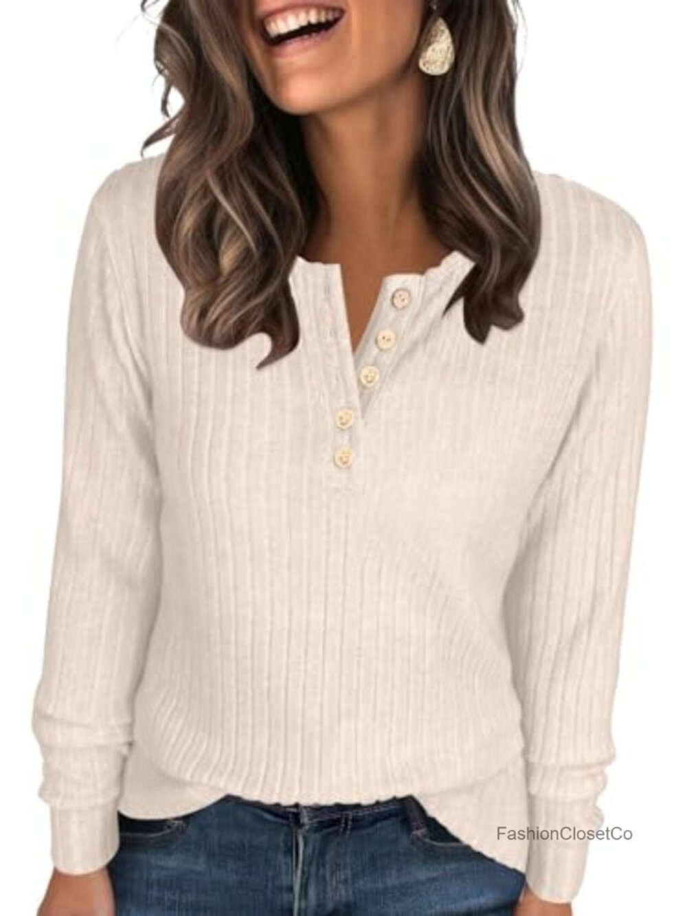 Women's Ribbed Knit Henley Long Sleeve Tunic Top with Buttons